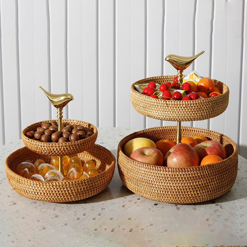 Retro Handmade Rattan Snack Double-layer Fruit Basket