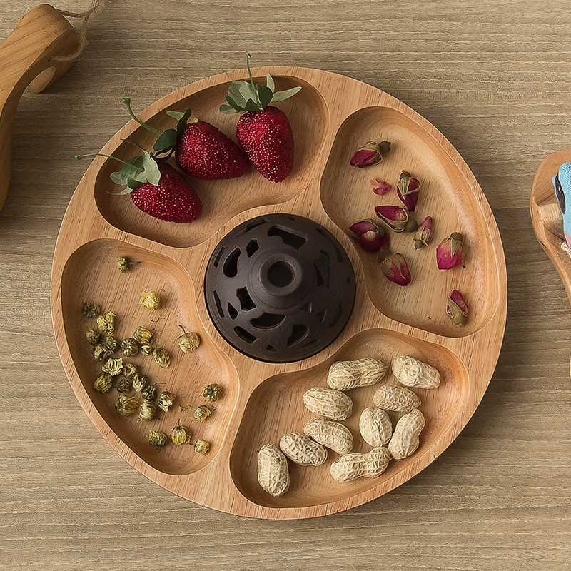 Creative And Personalized Round Compartment Tray  Solid Wood Dried Fruit Platter  Snacks  Nuts Snacks  Refreshments, Wooden Plates