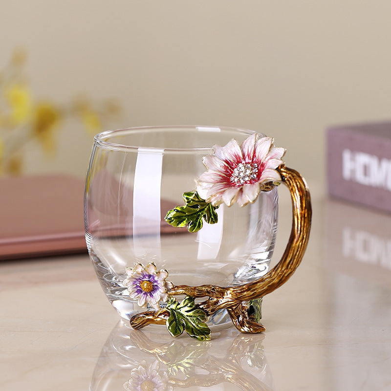 Light Luxury Enamel Water Cup Tea Cup Household High Temperature Resistant Crystal Glass Flower Tea Cup