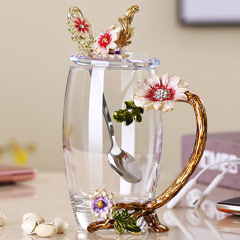 Light Luxury Enamel Water Cup Tea Cup Household High Temperature Resistant Crystal Glass Flower Tea Cup