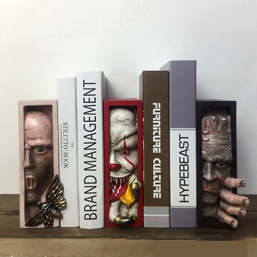 Horror Peeping On The Bookshelf Human Face Resin Bookends Bookstand Sculpture Collecting Cd Albums Bookshelf Decor