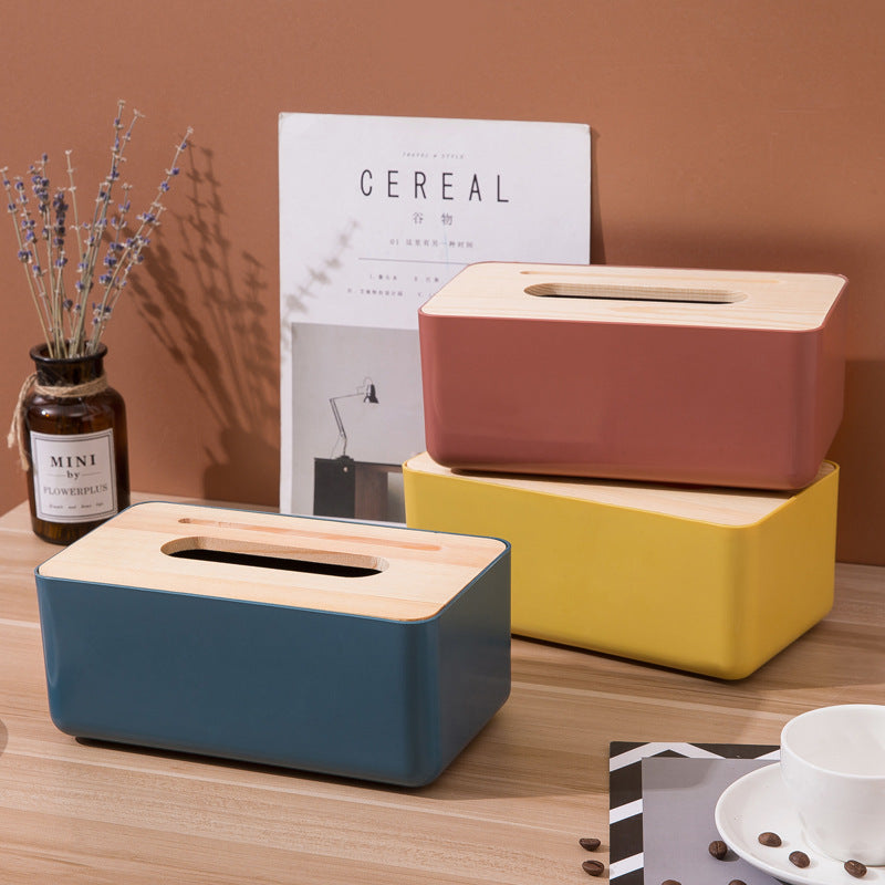 Multifunctional tissue box storage box with wooden lid