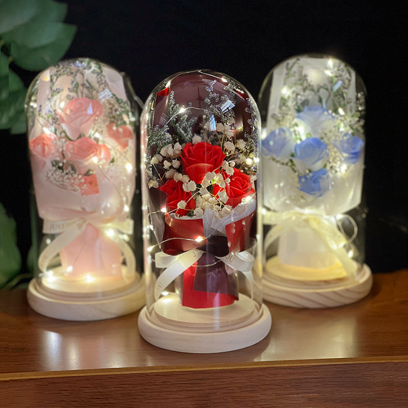 Artificial Rose Dried Flowers Gypsophila Babysbreath Bouquet Glass Cover Ornaments LED Small Night Lamp Valentine's Day Gift
