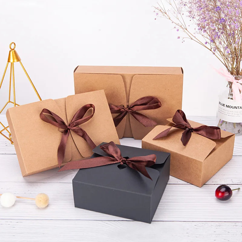 10pcs Kraft Paper Gift Boxes With Ribbon Package Candy Cake For Packaging