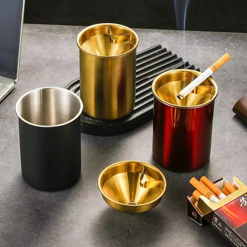 Cylinder Stainless Steel Ashtray Two Layers Portable Cigarette Ash Contain