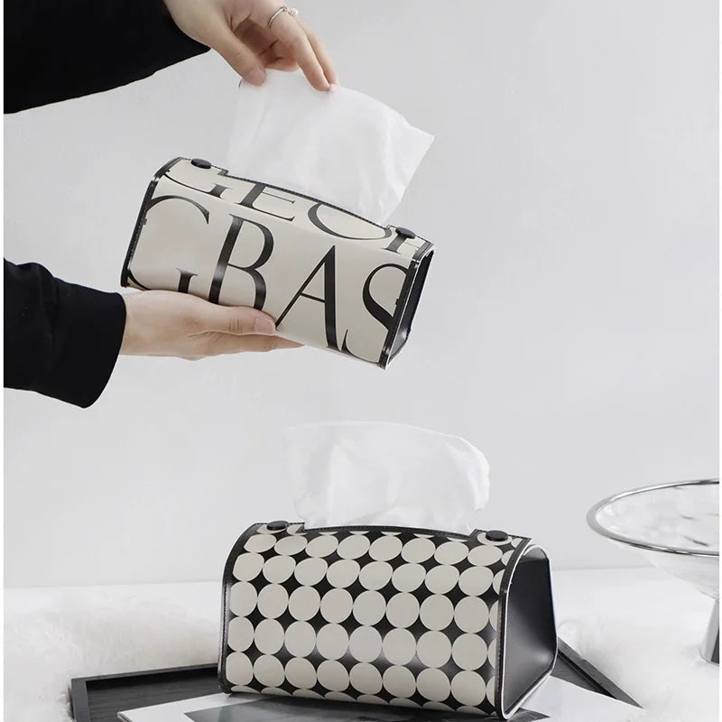 Original Design Saddle Leather English Tissue Box,Checkered Black White