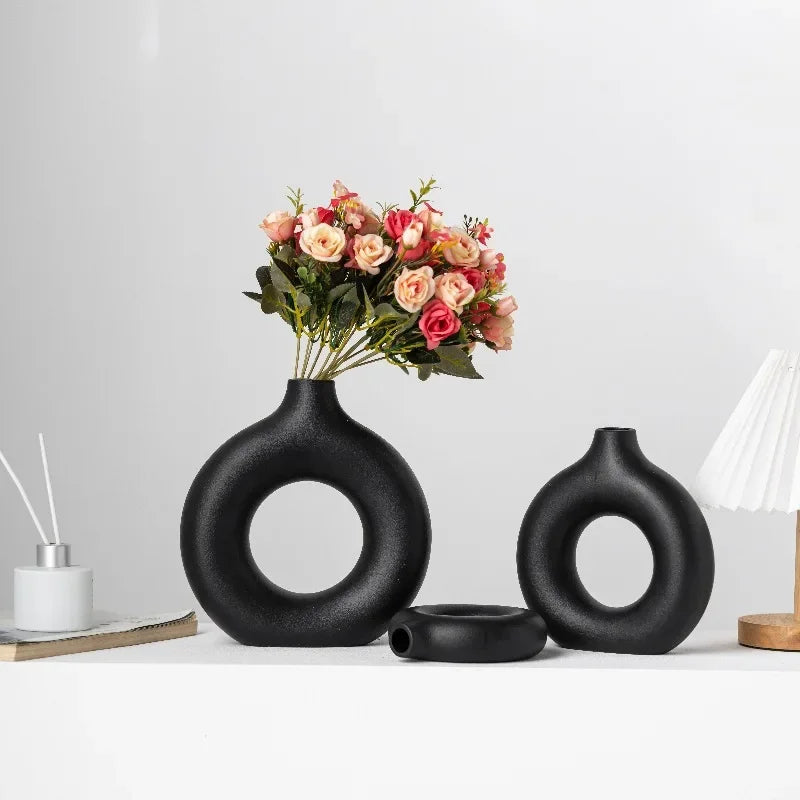 Nordic Ceramic Vase Circular Hollow Donuts Flower Pot Home