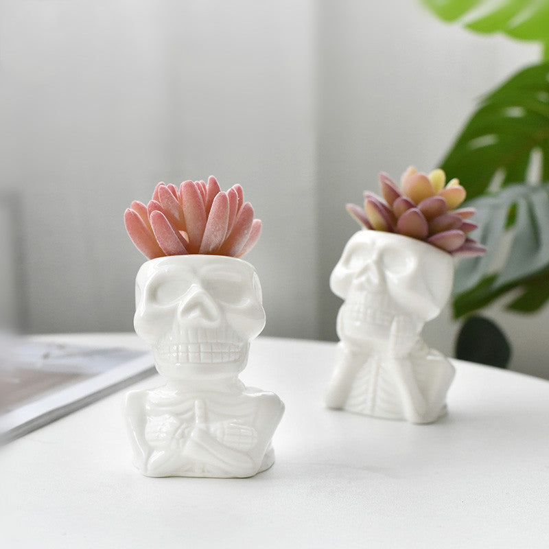 Creative White Porcelain Succulent Flower Pot Personality Skull