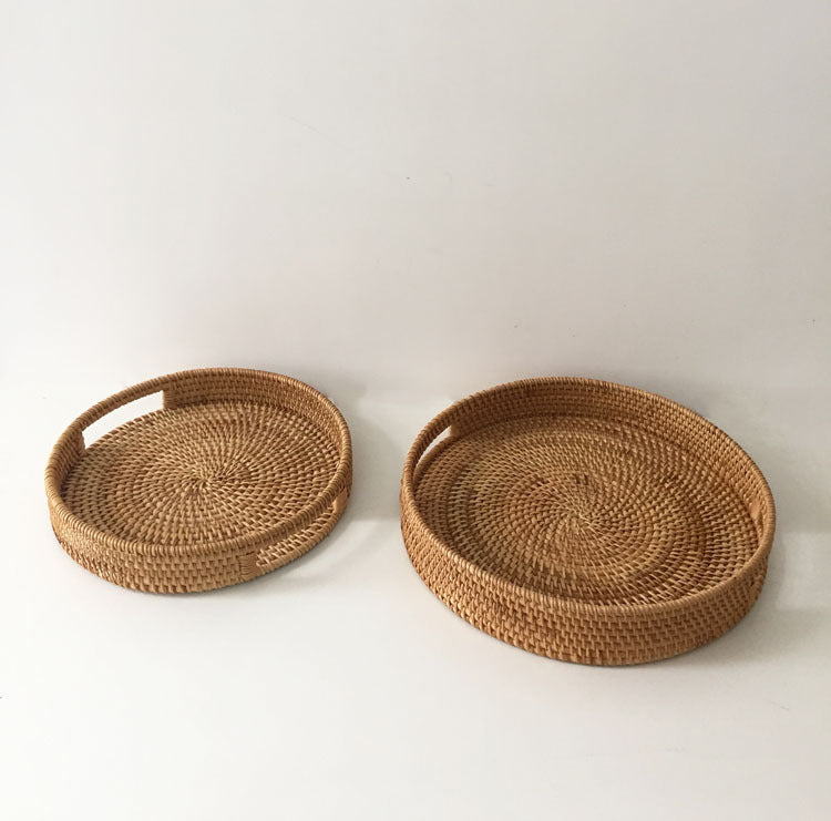 Rattan Snack Storage Tray Round Basket Hand Woven Decor Bread Fruit Food Display R9JC